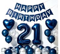 21st Birthday Party Decorations Men Boys, Navy Blue Birthday Banner Number 21 Heart Foil Balloons Metallic Silver Latex Balloons for 21 Yeas Old for Him Supplies(21st)
