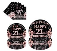 21st Birthday Party Tableware Set - 96 Pcs Black Rose Gold Decorations Party Paper Plates Napkins Tableware Supplies For Girls Her Dinnerware 21st Birthday Decoration Gifts