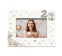 21st Birthday Photo Picture Frame with Butterflies and Flowers, White, 6x4 Inch Aperture, Wall Hanging or Desktop Display (Landscape)