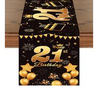 21st Birthday Table Runner Black Gold Happy 21st Birthday Table Runner for 21 Years Old Men Women Celebration 21st Birthday Anniversary Party Non-Slip Dining Table Linen Cloth Decorations, 180x35cm
