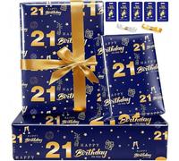 21st Birthday Wrapping Paper Set with Tags Ribbons,Birthday Gift Wrapping Paper for Men Him Happy Birthday Paper Wrapping Present Wrap Luxury Gift Wrap Paper for Birthday Gifts Decorations Blue Gold