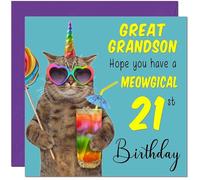 21st Great Grandson Birthday Card - Meowgical Cat Funny Birthday Card for 21 Year old twenty one, twenty first