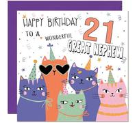 21st Great Nephew Birthday Cards - Childrens Cute Cat Great Nephew Birthday Card for 21 Year old twenty one, twenty first