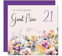 21st Great Niece Birthday Card - Purple Floral Great Niece's Birthday Card for 21 Year old twenty one, twenty first
