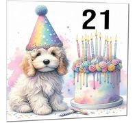 21st Kids Birthday Card - Cute dog watercolour rainbow Birthday Card for 21 Year old twenty one, twenty first