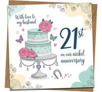 21st Nickel Anniversary Card for Husband - With Love to My Husband - Square Greeting Card 145mm x 145mm with Kraft Envelope, Cake & Roses Design