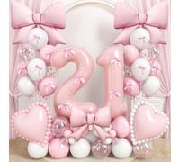 21st Pink Bow Birthday Decorations for Girls, Pink White Bow Latex Balloons | 40 Inch Large Baby Pink Number 21 Bow Heart Foil Balloons Set for Cheers to 21 Year Old Girls Coquette Birthday Party Decor