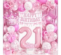 21st Pink Bow Birthday Decorations for Her, Coquette Party Decor Include 40 Inch Foil Number 21 Crown Star Balloons Long Latex Balloon Pastel Pink Bows Cake Topper Happy Birthday Banner Fringe Curtain