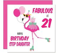 21st Step Daughter Birthday Card - Fabulous Flamingo - Pink Cute Step-Daughters Birthday Card for 21 Year old twenty one, twenty first
