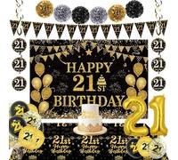 21th Birthday Decorations for Men Women, Black Gold Party Backdrop Happy 21th Birthday Decoration Set with Banner Number Foil Balloon Tablecloth Cake Topper, 21 Year Old Party Supplies Decor