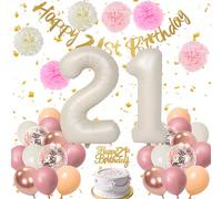 21th Birthday Decorations for Women - White Number 21 Foil Balloon, 21th Banner, Cake Topper & 10/12in Round Latex Balloons with Paper Pom Poms - Pink Birthday Party Supplies