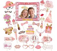21th Brithday Decoration 30PCS Birthday Photo Booth Props, Inflatable Photo Booth Frame Rose Gold Inflatable Selfie Frame Glitter Birthday Party Photo Props (pink 21th)