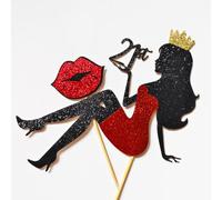 21th Sitting Girl So Fetch Birthday Cake Topper- Glitter Red Dress Mean Girl,High Heel, Kiss Lips for 21 Years old Make Up Theme Party Supplies