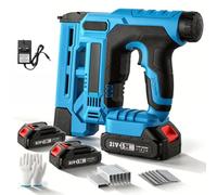 21V 2 in 1 Cordless Nail Gun and Stapler with 2 Batteries and 6-stage depth | Electric Brad Nailer with 2 x 2.0Ah batteries, charger, gloves, 1000 brad nails & 1000 staples, for Home and DIY Woodworking