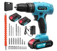 21V 2-Speed Cordless Drill with 50Nm Max Torque&25+3 Clutch,3/8'' Chuck | 1500mAh Li-ion Battery,1-2Hr Fast Charger,LED Work Light,30pc Electric Drill Set for Woodworking,Metalworking&DIY