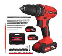 21V Cordless 2-Gear Combi Hammer Drill Red, Portable Drill Driver, 2x1.5Ah Lithium-Ion Power Tool 3/8" Chuck Power Drill Drivers, Electric Screwdriver with 25+1 Torque, Kitbox and LED Light