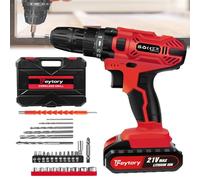 21V Cordless 2-Gear Combi Hammer Drill Red, Portable Drill Driver with 29 Pcs Accessories, 1.5Ah Lithium-Ion Power Tool 3/8" Chuck Power Drill Drivers, Electric Screwdriver with Kitbox and LED Light