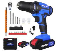21V Cordless Drill Driver with LED Worklight, 0.8-10mm Clip Drill Bit, Electric Drill Set 45N.m, 25+1 Torque, 0-400/0-1400RPM, 1500mAh Battery and Charger Included