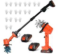 21V Cordless Mini Tiller Cultivator, 235 RPM Electric Garden Rotavator with 2 Battery & 10 Gloves, 10cm Tilling Width,10cm Working Depth with 4 Rows Tines, Hand-Held Micro Tiller Weeding Machine