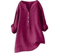 (22, 002* Hot Pink) Ladies Tops Casual Button Down Cotton Linen Shirts Fall V Neck Roll Up Long Sleeve Plus Size Blouses Womens Summer Tops Loose Fit Pullover Oversized T