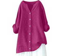 (22, 007* Hot Pink) Womens Button Down Shirts Cotton Linen Casual Long Sleeve Tops V-Neck Plus Size Loose Tshirts Ladies Blouses Business Work Blouses Fall Spring Dressy