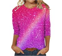 (22, 008* Hot Pink) Womens Tops 3/4 Sleeve Shirts Round Neck Dressy Casual Blouses Glitter Sequin Print Tshirts Fall Cute Tunic Tops Basic Tees Blouse Loose Fit Pullover