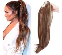 22" Claw On Ponytail Extensions Slightly Wavy Tails Clip In Hairpieces Long Curly Ponytail Synthetic For Women Ladies, Light Brown & Ash Blonde