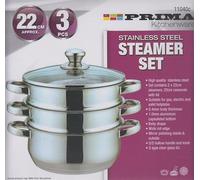 22 Cm Deluxe Steamer Cookware Set - with Glass Lid & Handles | Stainless Steel Pan, 3 Tier Pot Capsulated Bottom, Kitchen Home Cooking Pans, Chef Healthy Veg Cook, Multi Purpose