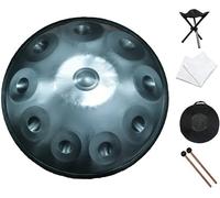 22" D Minor Handpan Drum, 10 Notes Steel Drum Percussion for Yoga/Meditation/Zen Education, Steel Tongue Drum with Soft Hand Pan Bag, 2 Mallets, Handpan Stand, Dust-free Cloth,Silver