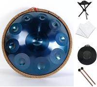22" D Minor Handpan Drum, 10 Notes Steel Drum Percussion for Yoga/Meditation/Zen Education, Steel Tongue Drum with Soft Hand Pan Bag, 2 Mallets, Handpan Stand, Dust-free Cloth,Blue