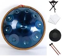 22" D Minor Handpan Drum, 10 Notes Steel Drum Percussion for Yoga/Meditation/Zen Education, Steel Tongue Drum with Soft Hand Pan Bag, 2 Mallets, Handpan Stand, Dust- Cloth (Color : Blue)