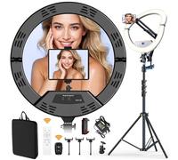22" Foldable Large Ring Light with Stand for iPhone iPad,75" Tripod with Overhead Shooting Bracket 50W 6500K 4 Clips/LCD Display/2 USB PortsTattoo Barber Makeup Studio Video Photography Lighting