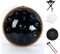 22" Handpan Drum D Minor 10 Notes | Steel Tongue Drum Percussion Instrument for Yoga, Meditation, Zen Education | Includes Soft Bag, 2 Mallets, Stand & Dust-Free Cloth (Black)