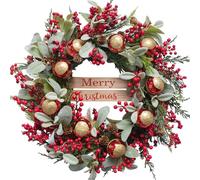22-inch Christmas Wreath Red Berries Green Pine Needles Rabbit Ear Leaves Glittering Balls Front Door Wreath Christmas Indoor Outdoor Courtyard Decoration Winter Fireplace Shop Party Decor