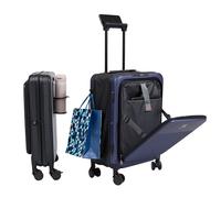 22-Inch Foldable Expandable Carry-On Spinner - Lightweight Airline-Approved Hardside Suitcase with USB Charging Port, TSA Lock, Laptop Sleeve, Bag Hook, Cup Holder, Phone Holder 22x14x9, Navy Blue