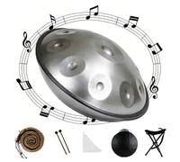 22 Inch Handpan Drum 9/10/12 Note Hand Tuning Hand Drum 440Hz/432Hz Handpan Instrument D Minor with Soft Bag Mallets Stand Steel Tongue Drum for Meditation Sound Healing(Silver,432HZ/10 Note)