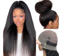 22 inch Hidden Strap Kinky Straight 360 HD Full Lace Front Wigs Human Hair with Invisi-Drawstring Pre Plucked Pre Cut 210% Density Yaki 360 Frontal Glueless Wigs Human Hair Can make high ponytail&bun