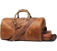 22 Inch Leather Shoe Compartment Duffel Bag for Men & Women - Vintage Handmade Weekender Travel Bag with Separate Shoe Pocket, Carry On Gym Sports Overnight Bag, Brown Leather Luggage