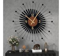 22 Inch Modern Sunburst Wall Clock Battery Operated, Black Metal Radiating Design with Walnut Wood Center, Silent Quartz Movement, Gold Hands - Decorative Clocks for Living Room, Office, Bedroom