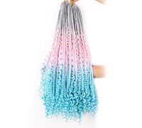 22 Inch Ombre Boho Box Braids Pre Looped Goddess Crochet Braids with Curly Ends 3 Packs Bohemian Braiding Hair Extensions for Women (Grey-Pink-Blue)