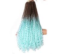 22 Inch Ombre Boho Box Braids Pre Looped Goddess Crochet Braids with Curly Ends 3 Packs Bohemian Braiding Hair Extensions for Women (Brown-Sky Blue)