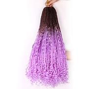 22 Inch Ombre Boho Box Braids Pre Looped Goddess Crochet Braids with Curly Ends 3 Packs Bohemian Braiding Hair Extensions for Women (Brown-Purple)