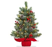 22 Inch Tabletop Christmas Tree with Lights Timer, Snowy Artificial Small Christmas Trees Battery Operated 30 Warm Lights Red Berries Pine Cone Stable Base Mini Tree Xmas Decorations Indoor Holiday