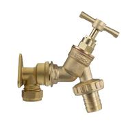 22 mm Brass Wall Flange Kit with Barbed Garden Tap - Wall Mounted Compression Elbow for 22 mm Copper Pipe Plus 3/4 Inch BSP Bib Tap with 3/4 Inch Hose Barb Outlet - Outdoor Water Connection