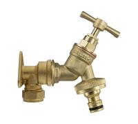 22 mm Brass Wall Flange Kit with Quick Connect Garden Tap - Wall Mounted Compression Elbow for 22 mm Copper Pipe Plus 3/4 Inch BSP Bib Tap with Click Lock Outlet - Outdoor Water Connection