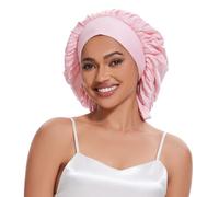 22 Momme 100% Mulberry Silk Bonnet for Sleeping for Women, Grade-6A Real Silk Hair Bonnet, Double-Layer Silk, Silk Sleep Cap Hair Wrap with Soft Long Elastic Bands(1PCS,Pink), Pink, M