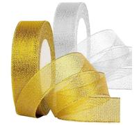 22 Mtr's of Metallic Gold and Silver Organza Ribbon 20mm Wide, Metallic Organza Ribbon Roll for Gifts Wrap Sew Party, Decorations Events Dress Wedding Christmas Crafts, Car Balloons DIY, Bouquets