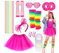 22 Pcs 80s Fancy Dress for women, 1980s Retro Costume Outfits Accessories Set Includes Tutu Skirt Necklace Leg Warmers Gloves Earrings Lace Headband Glasses Bracelets Hair Ties for 80s 90s Neon Party