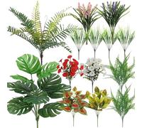 22 PCS Artificial Plants for Outdoor Decor,Artificial Flowers Greenery Stems UV Resistant Faux Shrubs Fake Plastic Leaves for Outside Patio Garden Porch Yard Planter