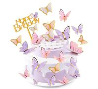 22 PCS Butterfly Cake Decorations with Happy Birthday Acrylic, Glitter Purple & Pink Butterfly Cake Decorations, Butterfly Theme Cake Cupcake Toppers for Baby Shower Wedding Birthday Party Decor